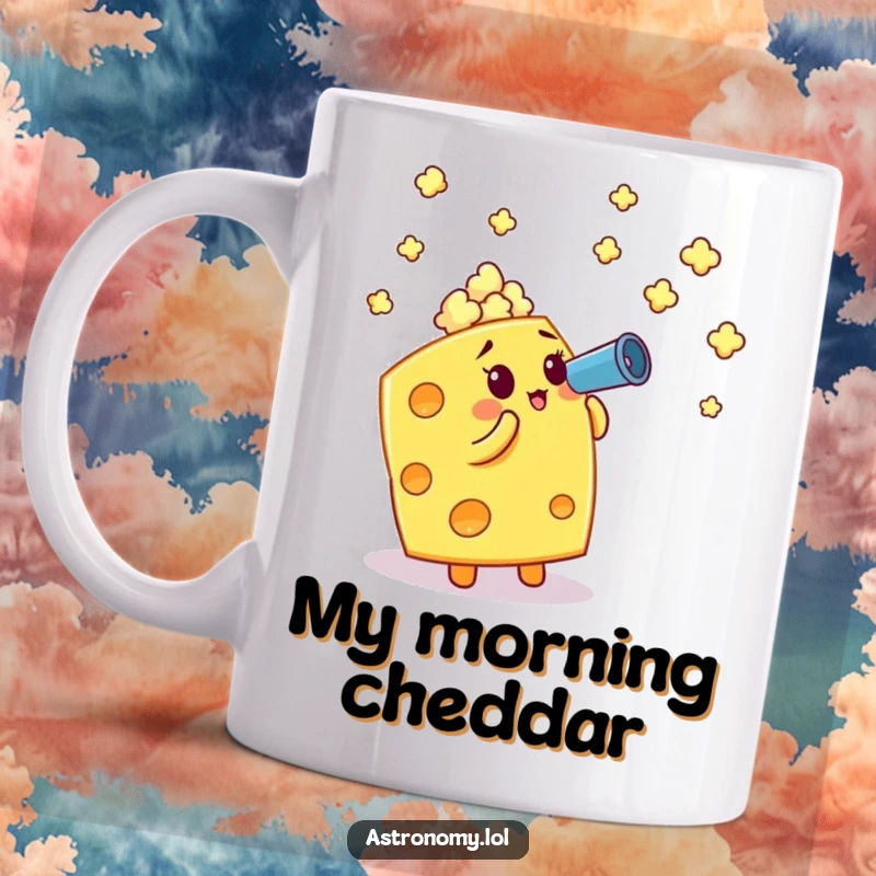 Funny mug: A cheese cube with a telescope looks at stars made of popcorn, a humorous cosmic snack scene.