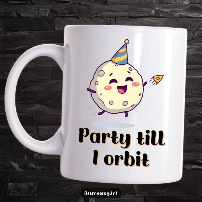 Funny asteroid mug with a happy, giggling face wearing a tiny party hat, being chased by a comet across a starry background.