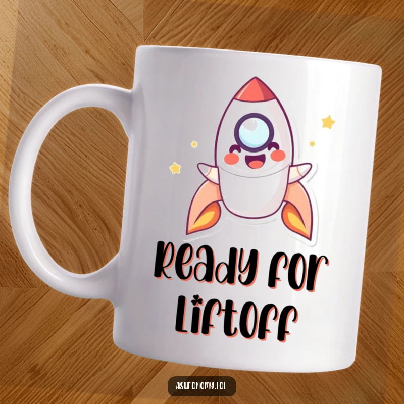 Funny Mug featuring a playful rocket character smiling and blasting off, symbolizing excitement and a fun journey.