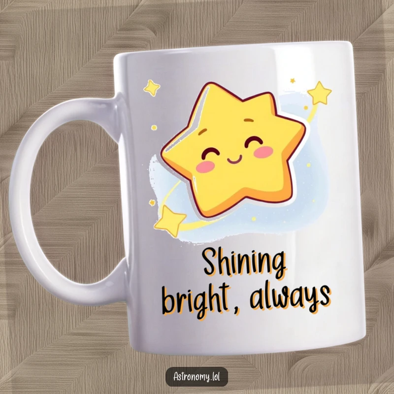 Funny Star Mug featuring a smiling, winking character from a distant galaxy, bringing cheerful cosmic vibes to your beverage.