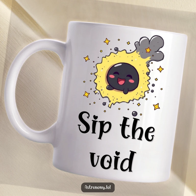 Funny cheerful black hole character playfully swirling stardust on a ceramic mug, creating a mesmerizing cosmic scene.