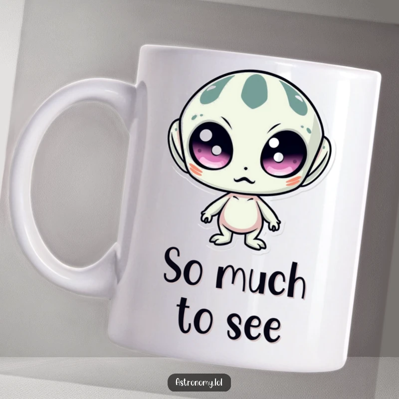 Funny mug showcasing a surprised alien with comically large, wide eyes, capturing a moment of extraterrestrial astonishment and humor.
