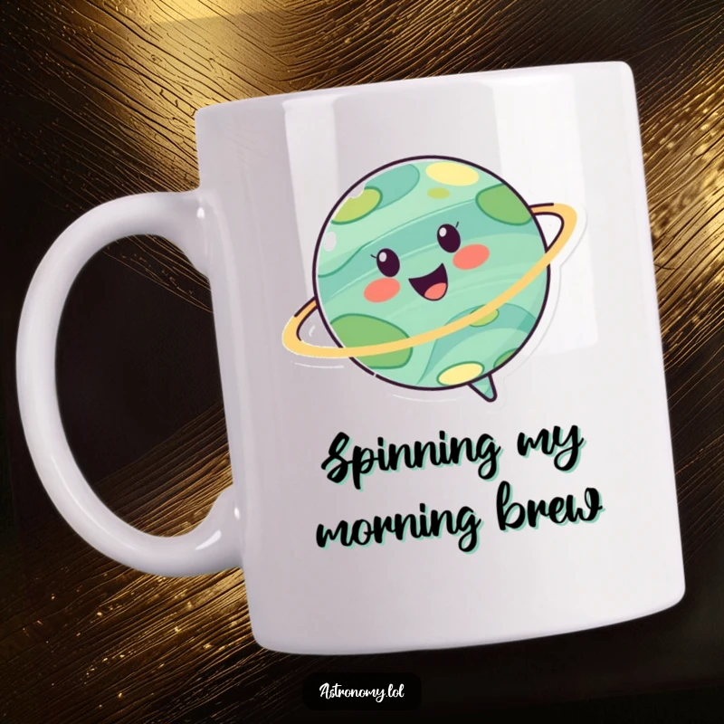 Funny mug showcasing a cheerful planet character spinning joyfully, radiating happiness and cosmic energy with a beaming smile.