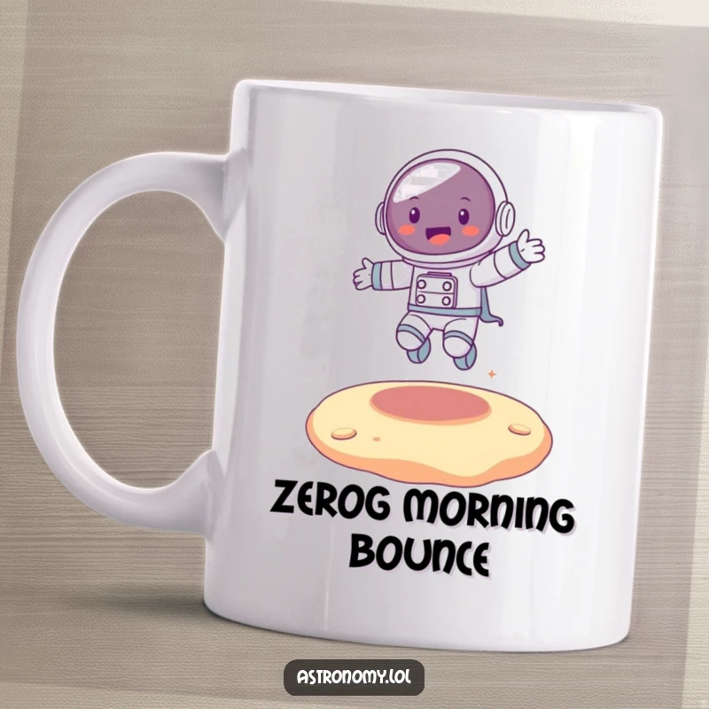 Funny joyful astronaut character energetically bouncing high on a vibrantly colored, springy alien planet surface.