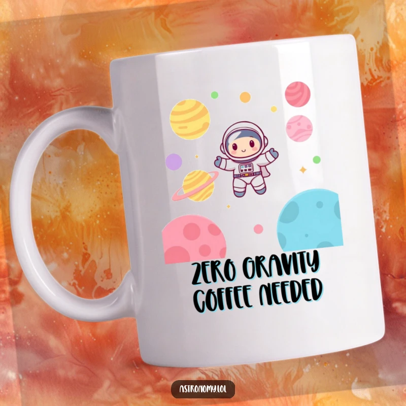 Funny astronaut mug with a cute character happily floating amongst vibrant, colorful planets in outer space.
