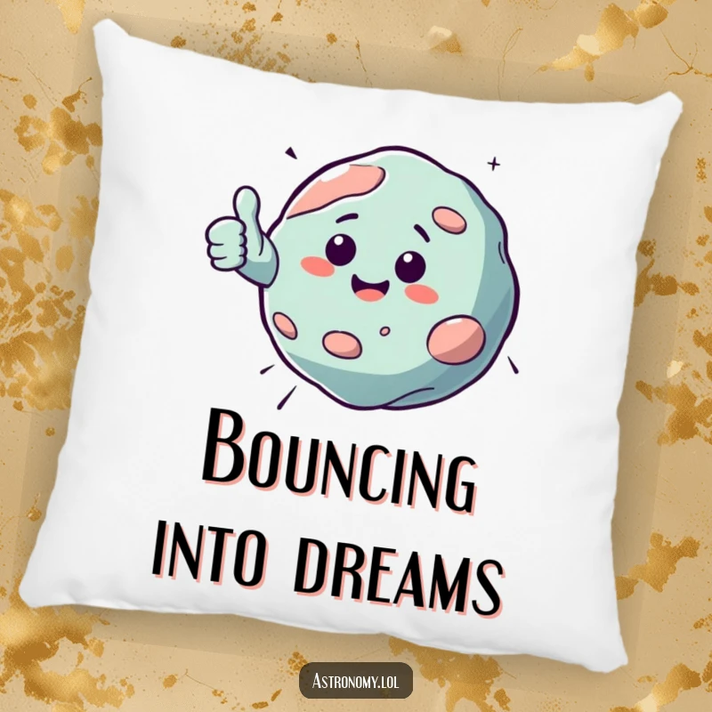 Funny pillow featuring a bouncing asteroid character giving a cheerful thumbs up, perfect for adding cozy, cosmic humor to any space.