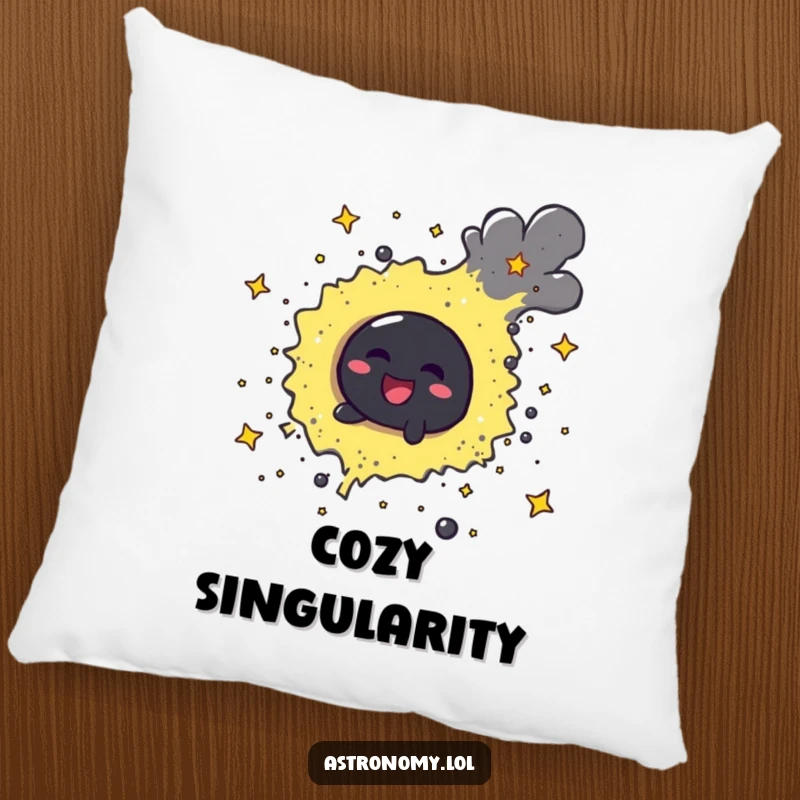 Funny cheerful black hole character playfully swirling stardust on a soft pillow, perfect for cosmic dreams.