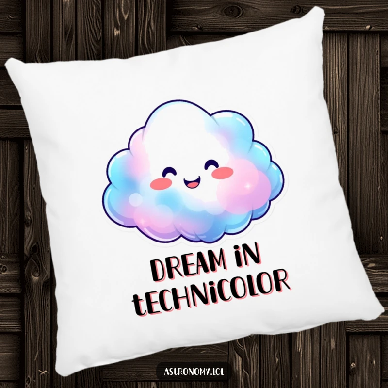 Smiling nebula cloud character expanding with happy, vibrant colors on a soft pillow, adding cheer to any space.