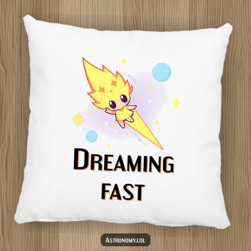 Funny determined meteor character blazing across a night sky on a soft pillow, perfect for comfort.