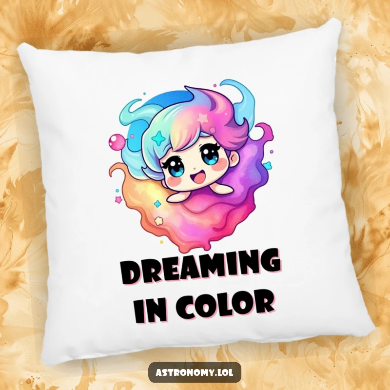 Funny nebula pillow showcasing a happy, swirling character in bright, energetic colors, offering comfort and cosmic charm.
