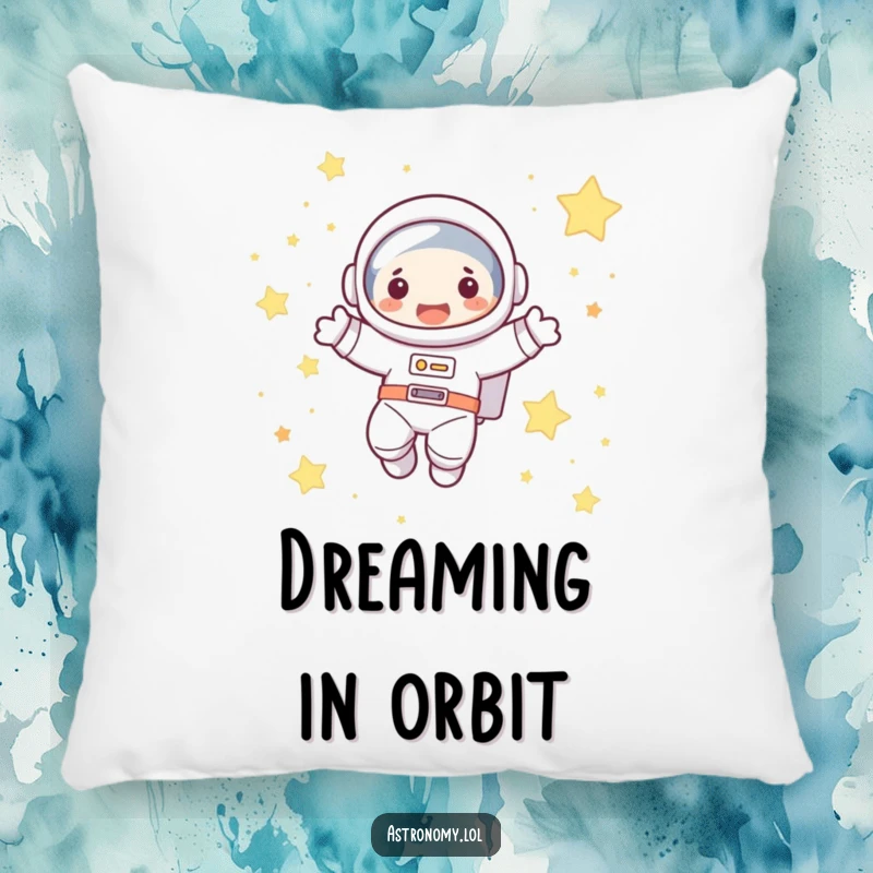 Funny astronaut pillow featuring a cute character joyfully floating in space among stars, adding comfort and humor to decor.