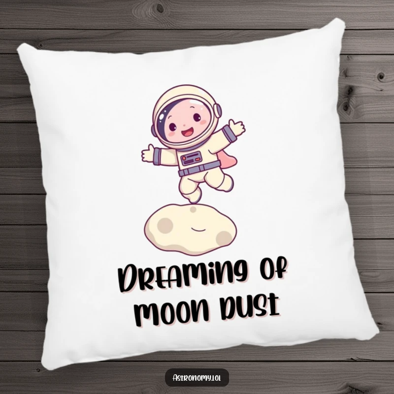 Funny pillow featuring a happy astronaut character joyfully bouncing on the moon, providing a comfortable and humorous accent.