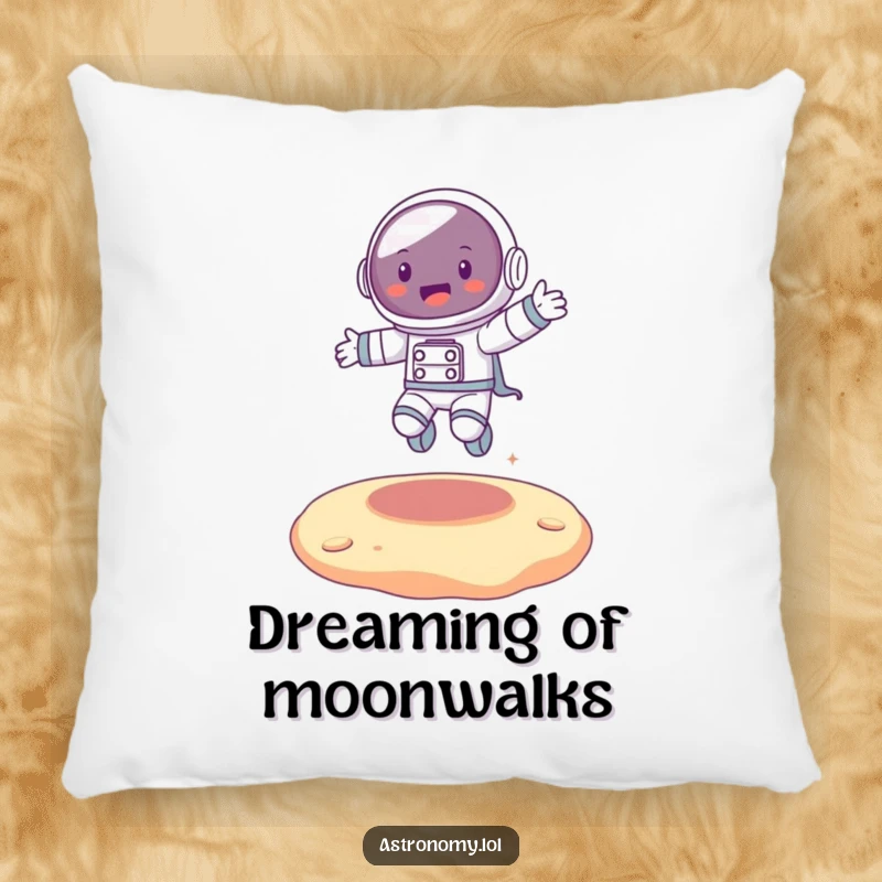Funny joyful astronaut character bouncing on a soft, alien surface, bringing comfort and whimsical space fun.