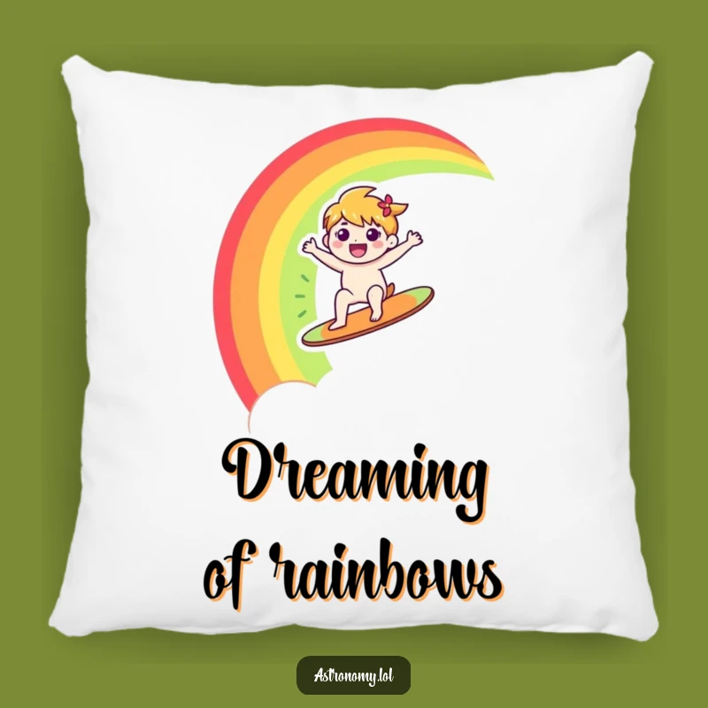 Funny Rainbow Pillow: Happy Character Surfs Rainbow, Comfy Funny Gift