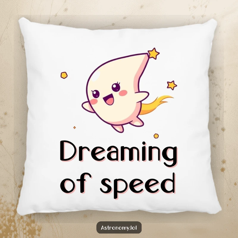 Funny pillow with a cute, delighted comet character soaring through space, offering a plush and humorous decorative touch for sofas and beds.