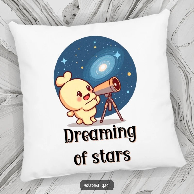 Funny telescope character fixed on a winking galaxy, on a comfortable pillow, perfect for adding a celestial touch.