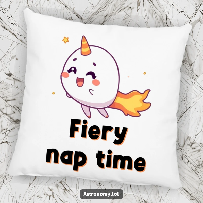 Funny comet pillow featuring a cheerful character with a fiery tail zipping by, adding comfort and cosmic humor.