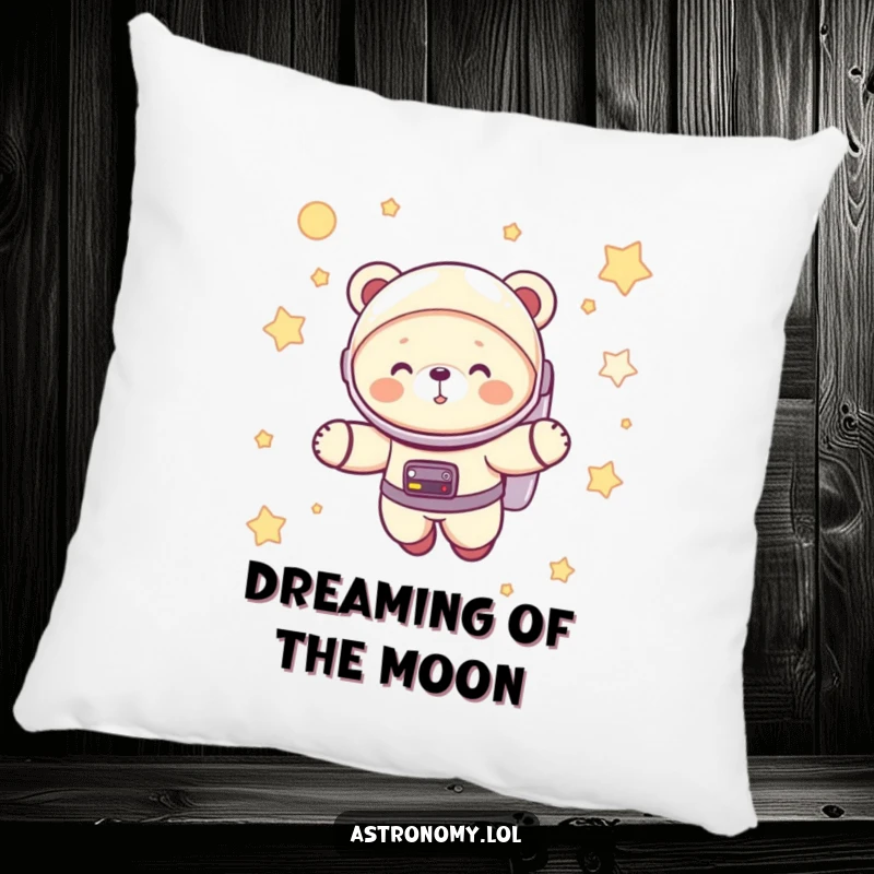 Funny astronaut bear cub giggling in a spacesuit, floating among stars, a soft and humorous throw pillow for comfort.