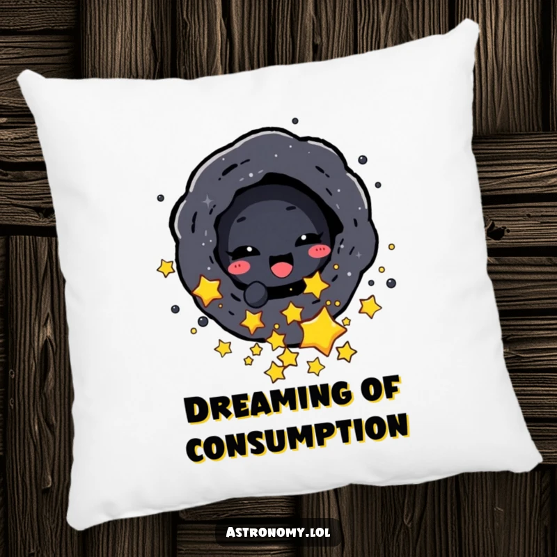 Funny pillow featuring a delighted black hole character playfully sucking in small stars, offering comfort and cosmic amusement.