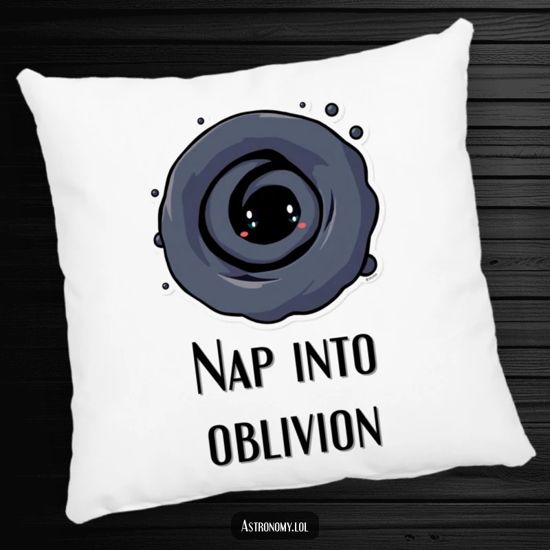 Funny Black Hole Pillow with a soft, curious character and a swirling vortex, offering comfort and a touch of cosmic humor.