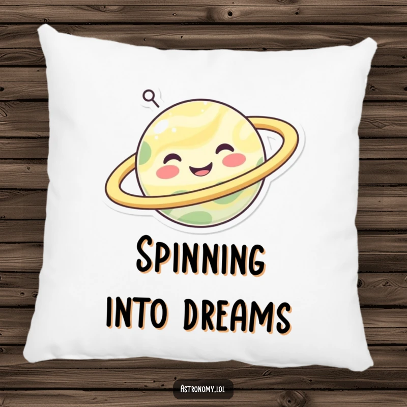 Funny happy planet character with spinning rings, a soft and humorous pillow for relaxation.