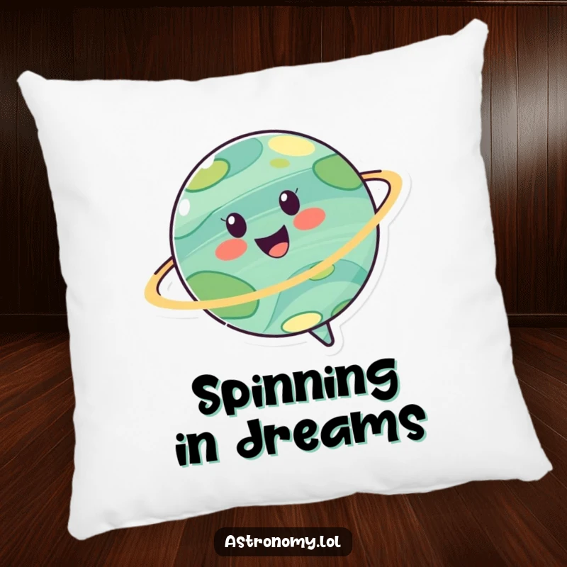 Funny pillow displaying a cheerful planet character spinning joyfully, adding comfort and a touch of cosmic amusement.