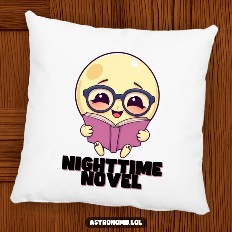 Funny pillow: A smiling moon with glasses reads a book, a humorous and cozy accent piece.
