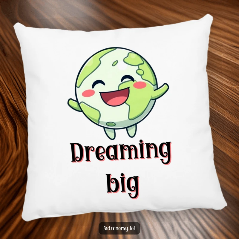 Funny pillow showcasing a delightful planet character with a huge grin, captured mid-bounce, offering comfort and cosmic cheer.