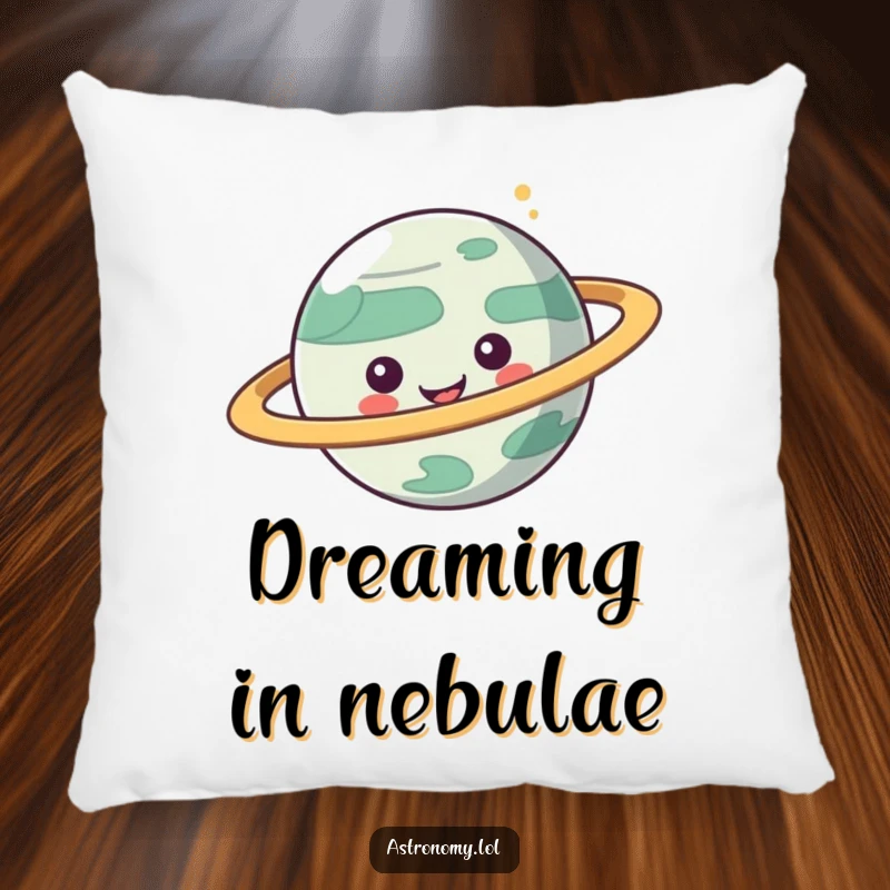 Funny pillow featuring a cute planet character with colorful spinning rings, offering comfort and cosmic humor.