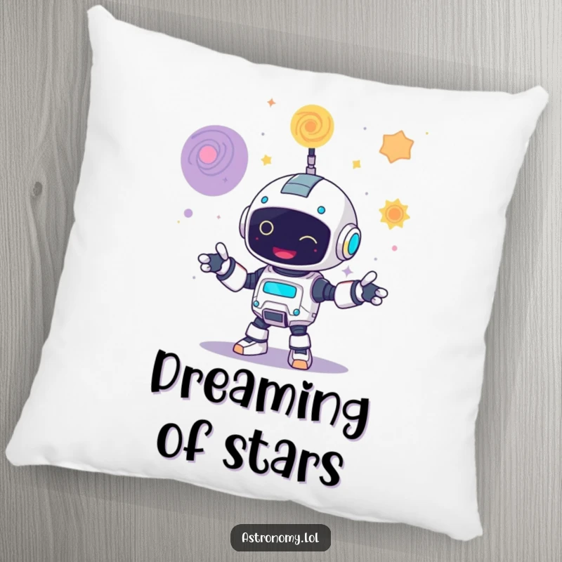 Funny pillow featuring a happy robot juggling three colorful swirling galaxies, providing comfort and cosmic cheer.