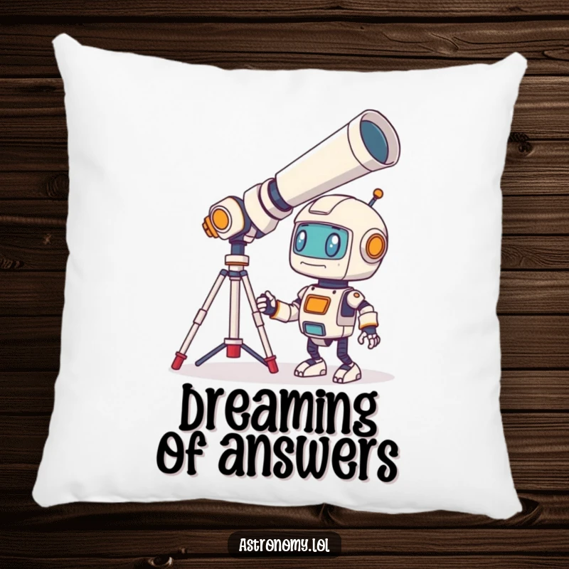 Funny Robot Pillow with a soft, bewildered little character looking through a giant telescope, offering cozy comfort and sci-fi humor.