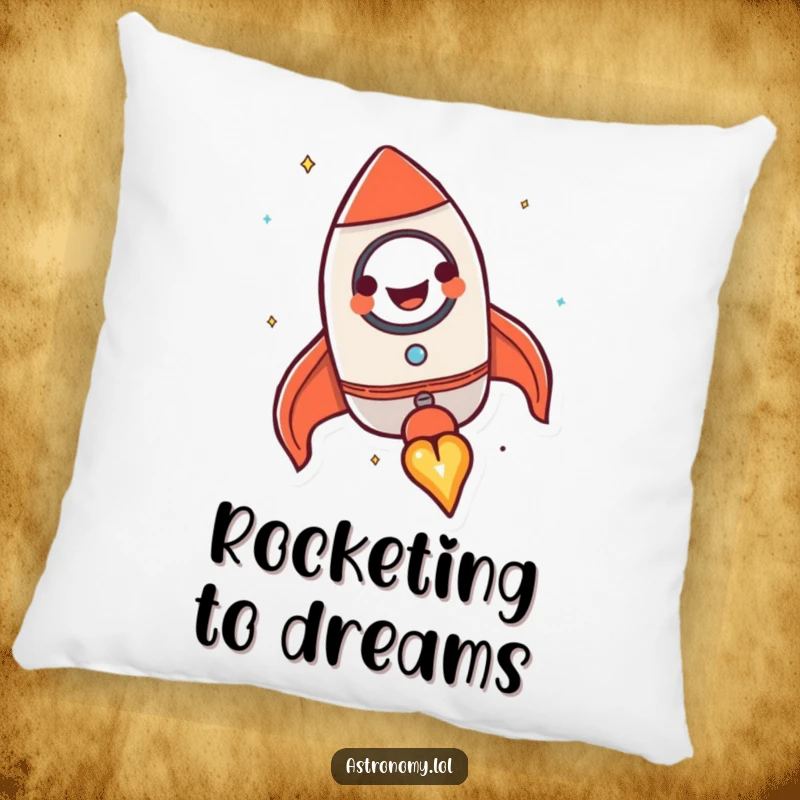 Funny rocket ship pillow featuring a happy, grinning character blasting off, adding comfort and motivational humor.