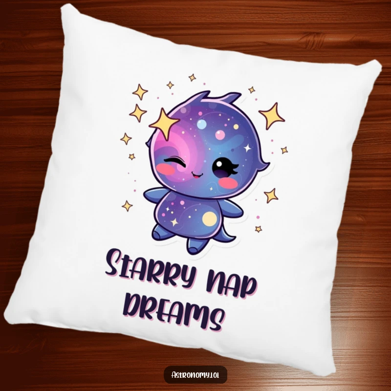 Winking galaxy character swirling with cheerful stardust on a soft pillow, adding cosmic comfort and playful charm.