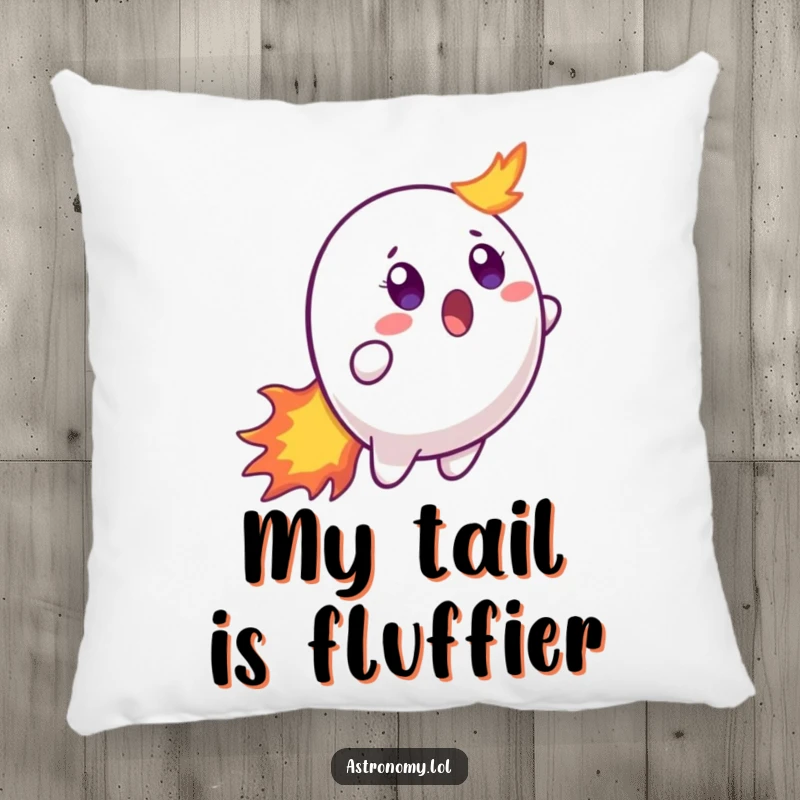 Funny pillow featuring a surprised comet character, its fiery tail elegantly draped, looking shocked and ready for cuddles.