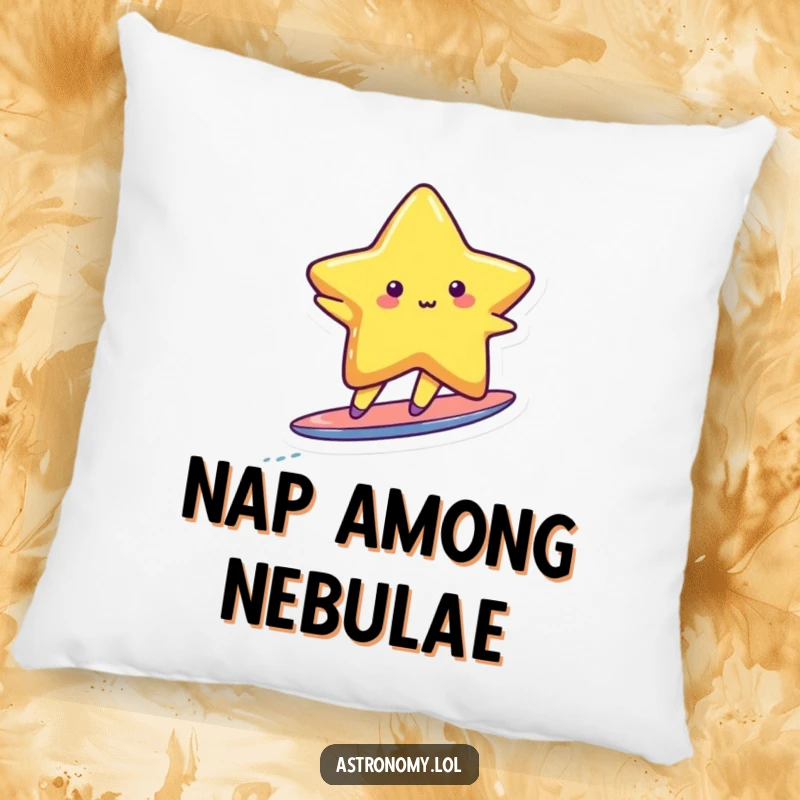 Funny cute star character blissfully surfing on a tiny, ethereal comet tail, perfect for a cozy and humorous space.