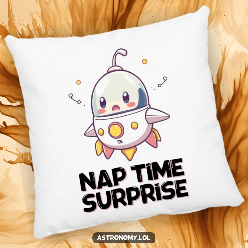 Funny pillow showcasing a surprised spaceship character exuding comical smoke trails, offering plush comfort and a humorous decorative accent.