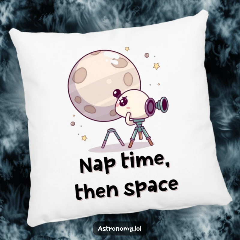 Funny pillow with a cute, surprised character peering through a telescope at a giggling planet, bringing humor and comfort to any space.