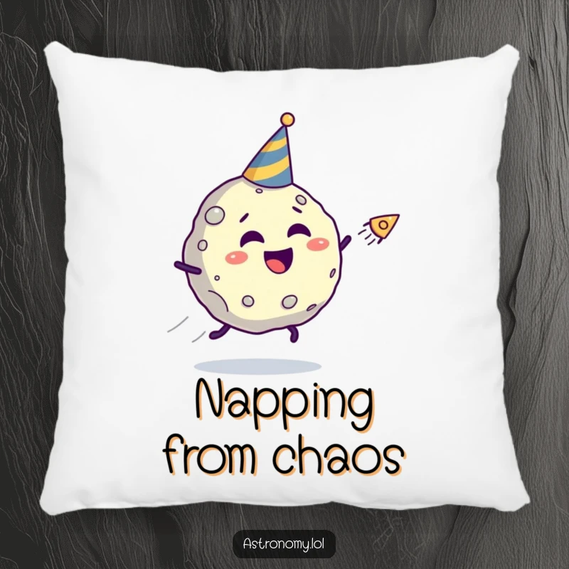 Funny asteroid pillow featuring a giggling character in a party hat fleeing a comet, providing comfort with a side of cosmic chaos.