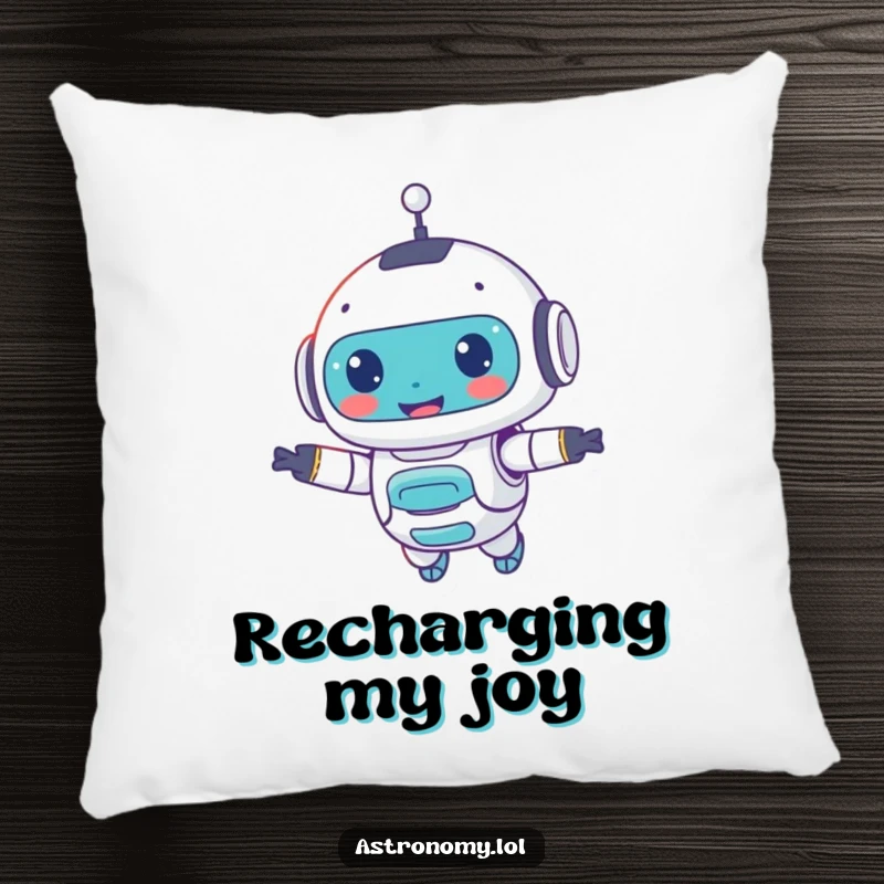 Funny pillow featuring a cute, smiling robot companion floating playfully, perfect for adding a cozy and humorous touch to any space.