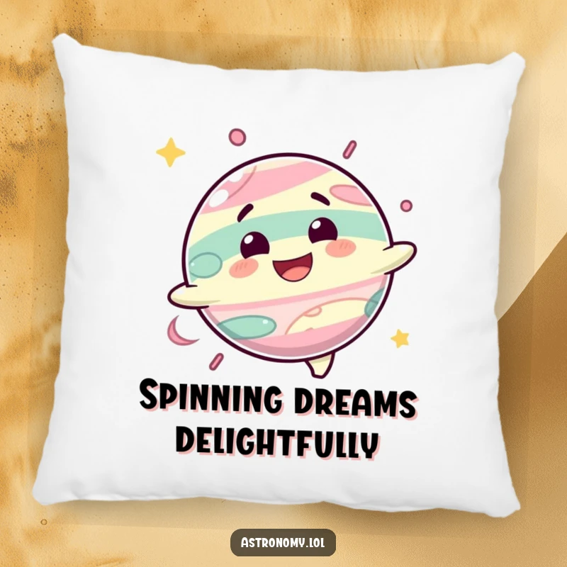 Funny pillow featuring a delighted planet character spinning with a happy grin, providing comfort and cosmic cheer.