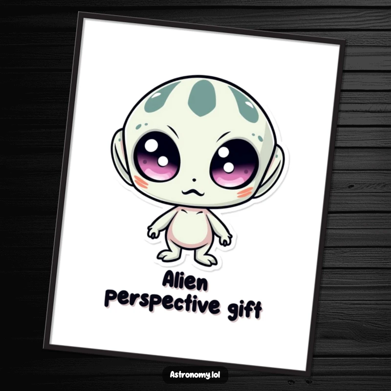Funny digital art print of a surprised alien with large, wide eyes, offering instant decorative charm and extraterrestrial amusement.