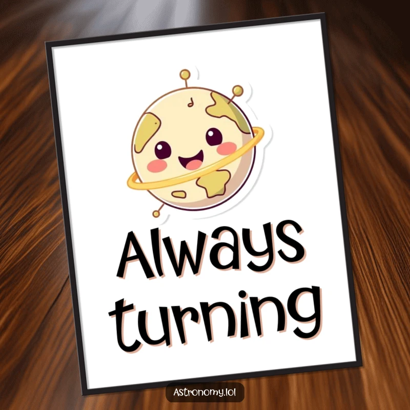 Funny happy planet character spinning merrily on its axis, a digital art print for instant brightening.