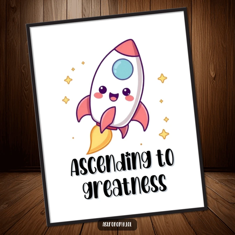 Funny rocket ship digital art print of a delighted character blasting off with a vibrant, cheerful trail, designed for excitement.