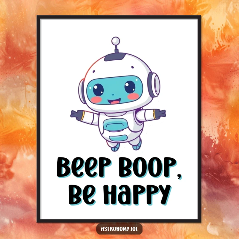 Funny digital artwork of a small, smiling robot companion floating joyfully, adding a touch of AI charm to any digital space.