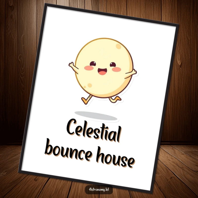 Bouncing moon character joyfully skipping across the sky, digital art print, instant lunar joy and humor.