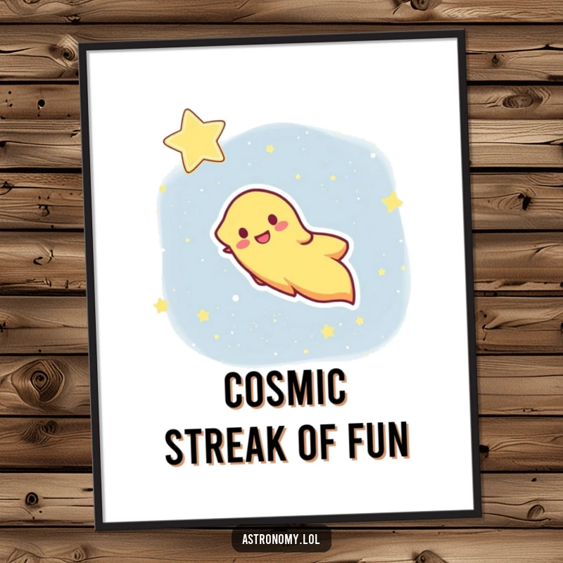 Funny digital art print of a happy comet with a bright, streaking tail across a starry sky, capturing cosmic motion and joy.