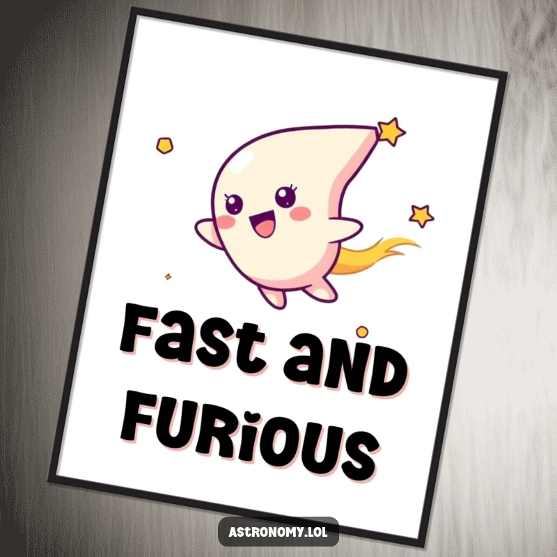 Funny digital art print capturing a delighted comet character joyfully streaking through the vastness of space, ready to be downloaded and enjoyed.