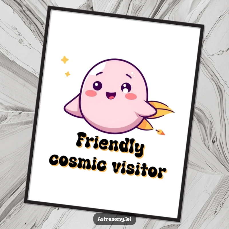 Funny Digital Art Print: A happy comet with a friendly face streaks through space with energetic speed and cheer.
