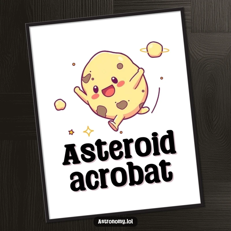 Funny digital art print of a joyfully cartwheeling asteroid against a starry cosmos, perfect for instant wall art and space enthusiasts.