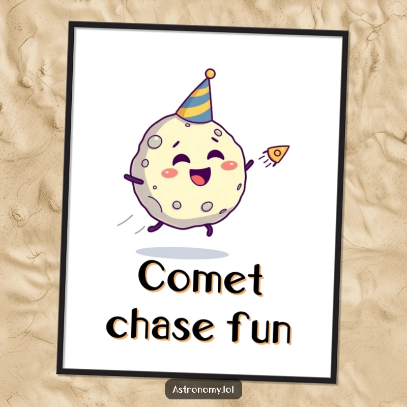 Funny asteroid digital art print of a giggling character in a party hat being chased by a comet, a downloadable humorous artwork.